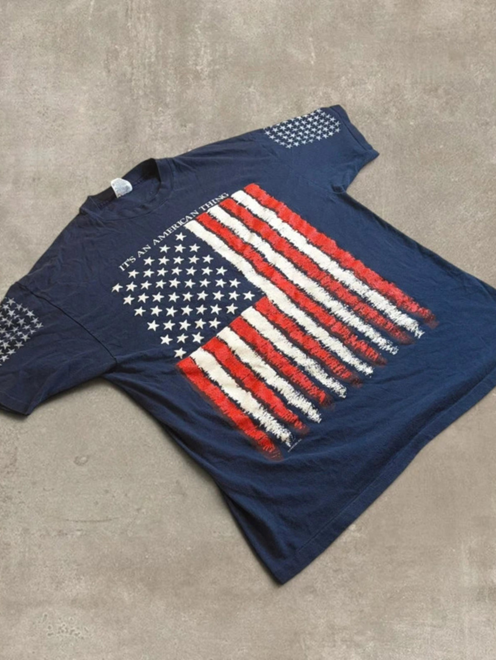 Vintage Hanes Beefy T American Flag Shirt Mens XL Navy USA Made All Over Print